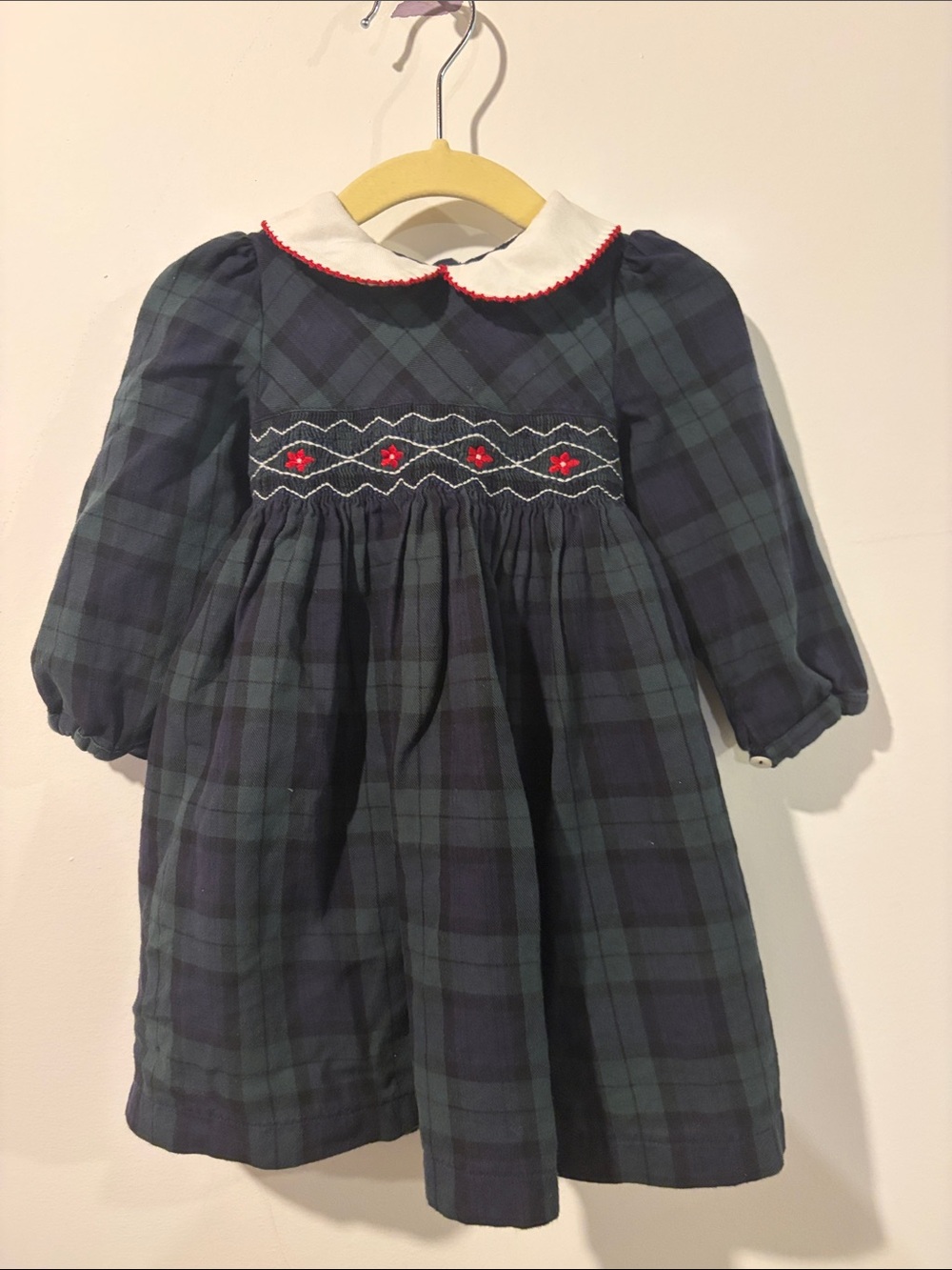 Trotters Navy and Green Plaid Smocked Peter Pan Collar Dress 12-18 Months